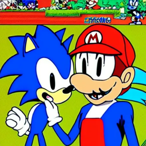 Prompt: sonic the hedghehog in buldging jeans talking to blushing mario in the style of archie comics