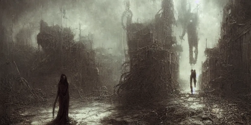 Image similar to lost and alone in an industrial wasteland by gustave dore and gustave moreau and beksinski and giger and craig mullins and jeremy mann