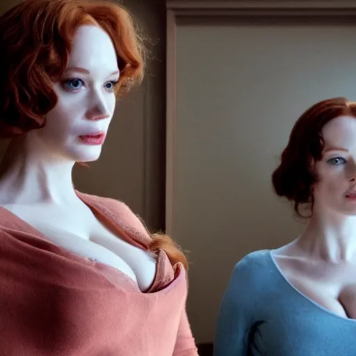 Image similar to a very surprised beautiful Christina Hendricks and her twin sister in the living room, film still from the movie directed by Denis Villeneuve with art direction by Salvador Dalí, wide lens