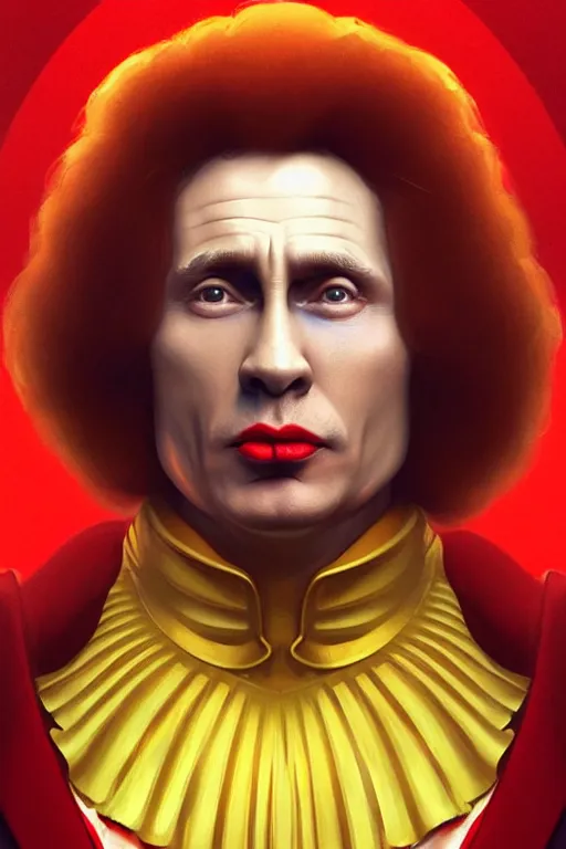 Image similar to vladimir putin as ronald mcdonald, 2 d portrait, symmetrical, highly detailed, digital painting, artstation, concept art, smooth, sharp focus, illustration, cinematic lighting, art by artgerm and greg rutkowski and alphonse mucha