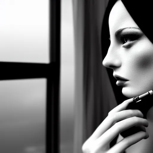 Image similar to black and white fashion photography of highly detailed beautiful depressed Woman with beautiful face, beautiful eyes and beautiful lips in the heroine chique style standing by the window and smoking a cigarette with beautiful hand Rendered in Blender and Octane Render volumetric natural light