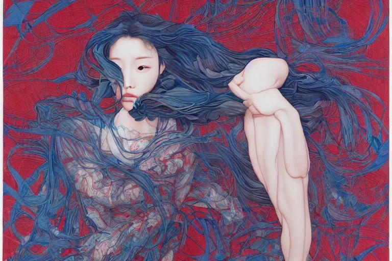 Image similar to Lee Jin-Eun by James Jean, rule of thirds, seductive look, beautiful, in flowy multiversal electrifying waters