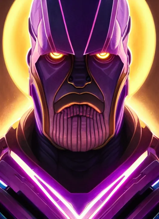 Prompt: symmetry portrait of thanos, sci - fi, tech wear, glowing lights intricate, elegant, highly detailed, digital painting, artstation, concept art, smooth, sharp focus, illustration, art by artgerm and greg rutkowski and alphonse mucha