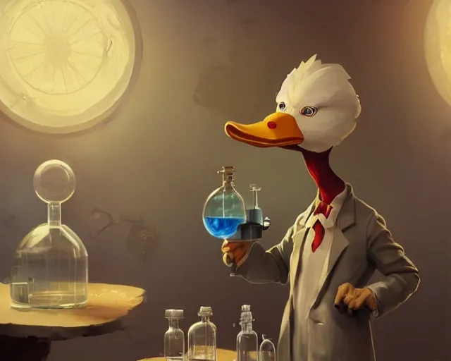 Prompt: anthropomorphic duck as a mad scientist, lab coat, mixing potions in a rundown chemistry lab, by greg rutkowski and frank frazetta, intricate, artstation, cinematic, style of magic : the gathering
