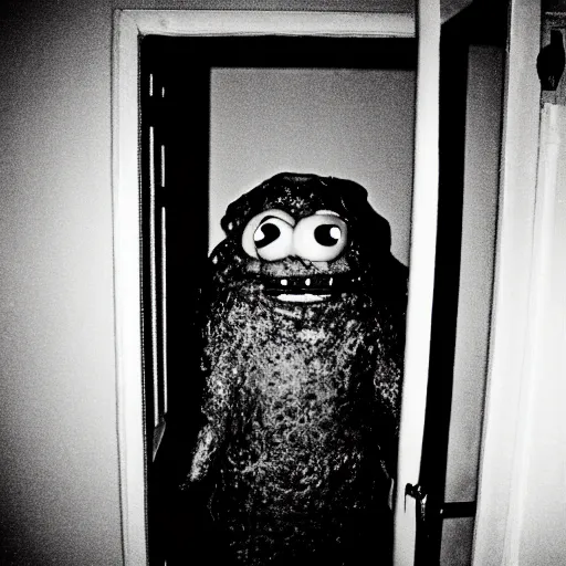 Prompt: grainy photo of a hamburger as a creepy monster in a closet, harsh flash