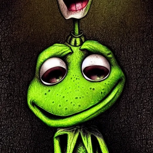 Image similar to michael karcz grunge cartoon drawing of kermit the frog. , in the style of corpse bride, loony toons style, horror themed, detailed, elegant, intricate