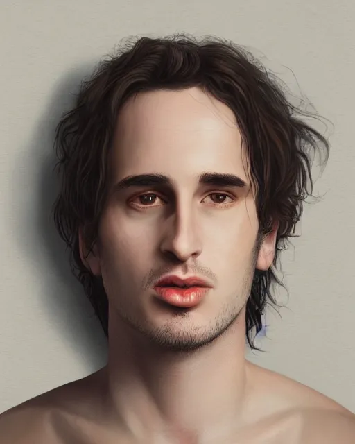 Image similar to Super realistic version of Jeff Buckley, symmetrical face, photo realistic, detailed , headroom, 8k, unreal engine 5, hyper realistic, artgerm, trending on artstation