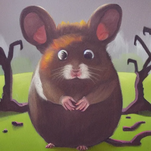 Prompt: an acryl painting of a horror hamster creature in an old ruin swamp village