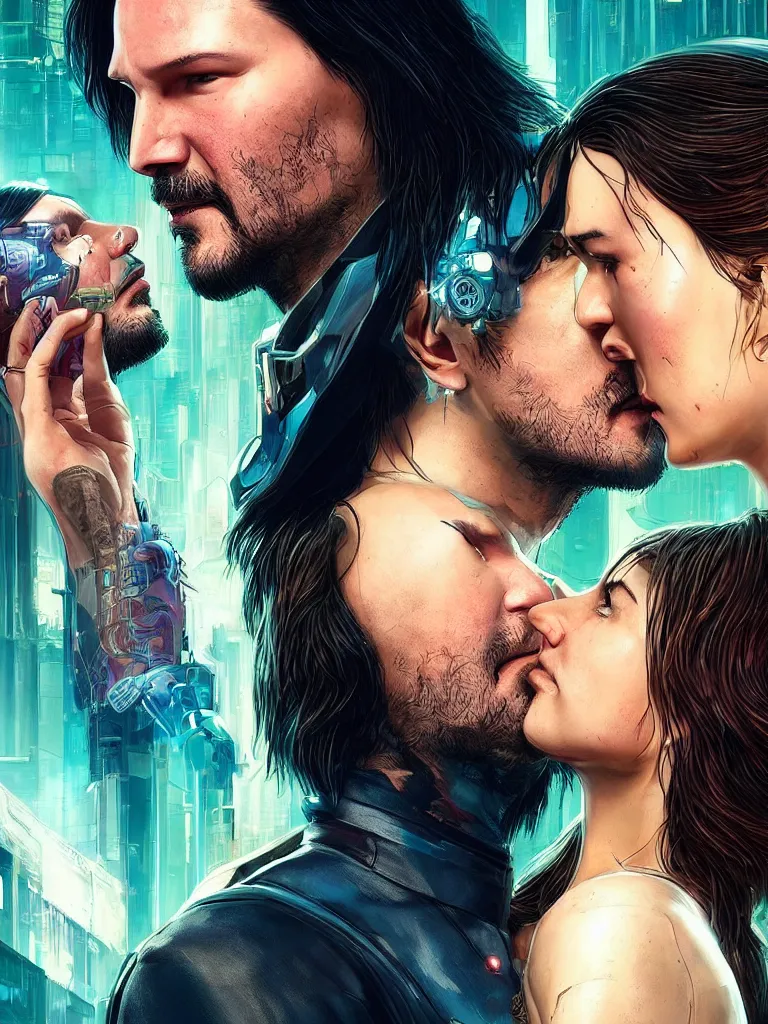 Image similar to a cyberpunk 2077 srcreenshot wedding couple portrait of Keanu Reeves and female android final kiss,love,film lighting,by Laurie Greasley,Lawrence Alma-Tadema,Dan Mumford,John Wick,Speed,Replicas,artstation,deviantart,FAN ART,full of color,Digital painting,face enhance,highly detailed,8K,octane,golden ratio,cinematic lighting