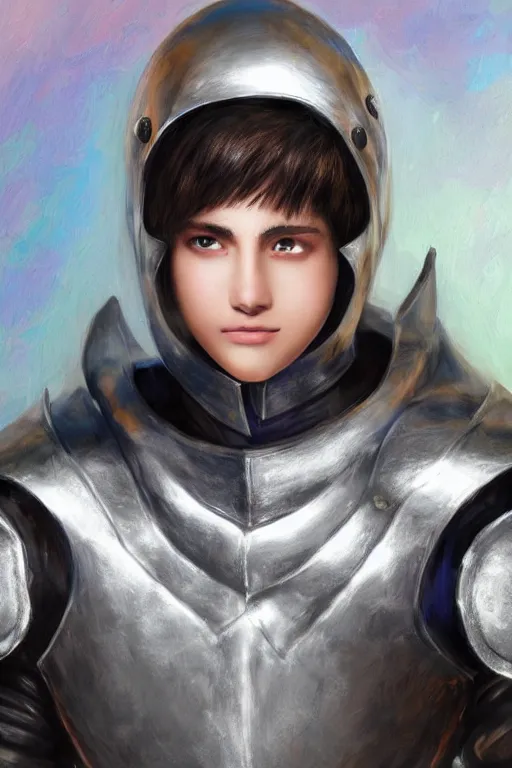 Image similar to a male teenager wearing a silver plate armor, short black hair, artgem style, fancy lighting, complementary colours, face portrait, harmonious, soft colors, digital painting, masterpiece, realistic and detailed face, color painting, realistic, highly detailed, high quality, portait picture, anatomically correct, pixar and disney style, anime style