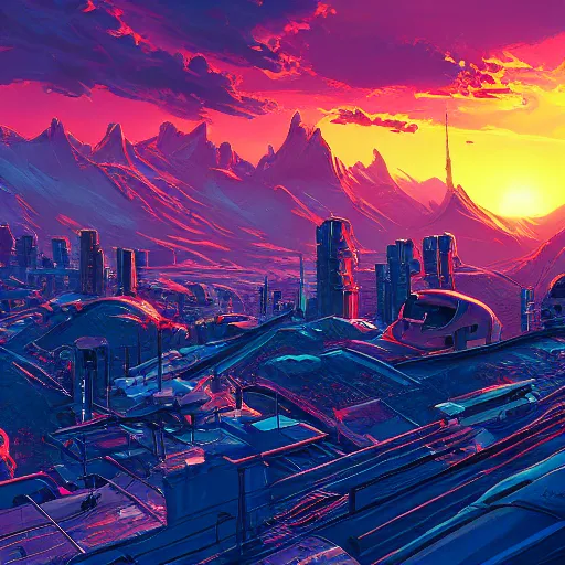 Image similar to beautiful sunset over detailed cyberpunk suburb in a valley surrounded by epic mountains with snowtops, sharp, highly detailed, oil on canvas, kacper niepokolczycki, syd mead, 4 k, perfect geometry