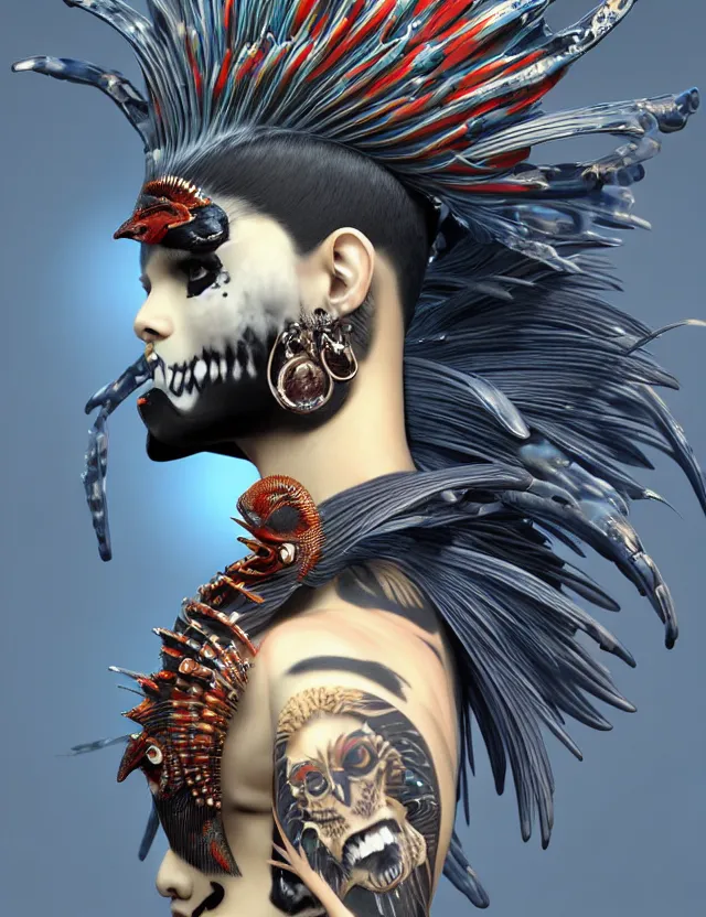 Image similar to 3 d goddess close - up profile simple portrait punk with mohawk with tiger skull. beautiful intricately detailed japanese crow kitsune mask and clasical japanese kimono. betta fish, jellyfish phoenix, bio luminescent, plasma, ice, water, wind, creature, artwork by tooth wu and wlop and beeple and greg rutkowski