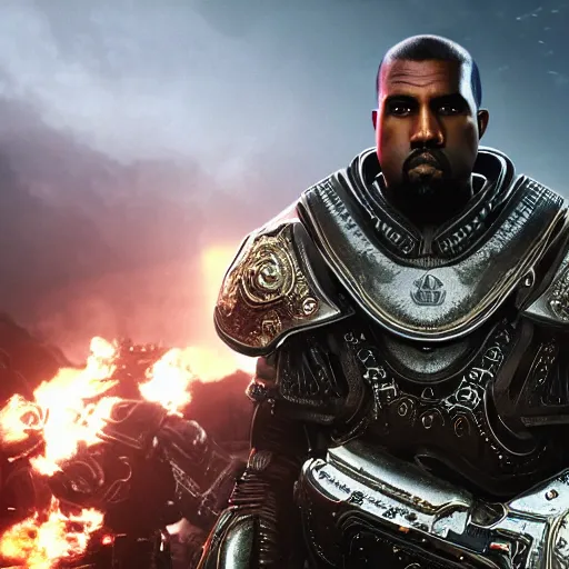 Image similar to Still of Kanye West as Emperor Napoleon in Gears of War, splash art, movie still, cinematic lighting, dramatic, octane render, long lens, shallow depth of field, bokeh, anamorphic lens flare, 8k, hyper detailed, 35mm film grain