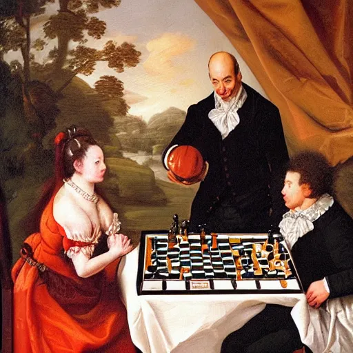 Image similar to jeff bezos with robin wiiliams playing chess looking wise, rococo oil painting, highly detailed