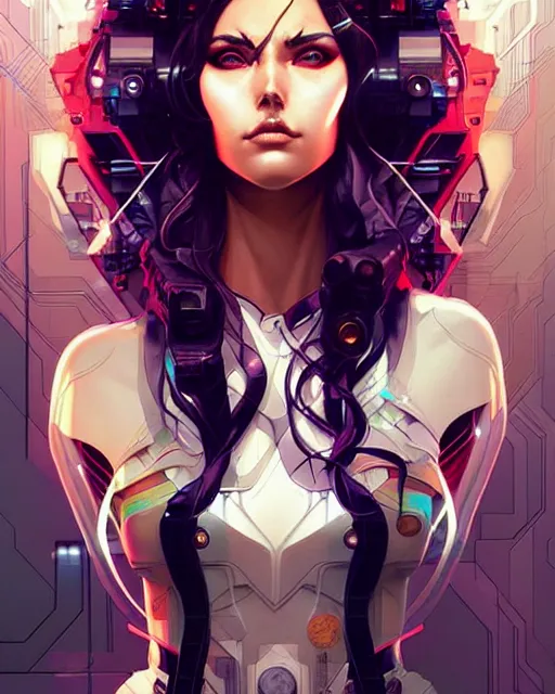 Prompt: artgerm, joshua middleton and sandra chevrier comic cover art, full body pretty female cyberpunk hacker, symmetrical eyes, long curly hair, beautiful, rim lighting, vivid colors