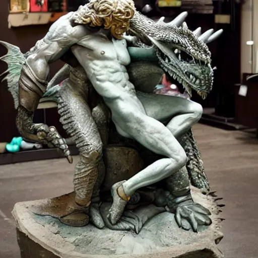 Image similar to a sculpture of a hero defeating a dragon.