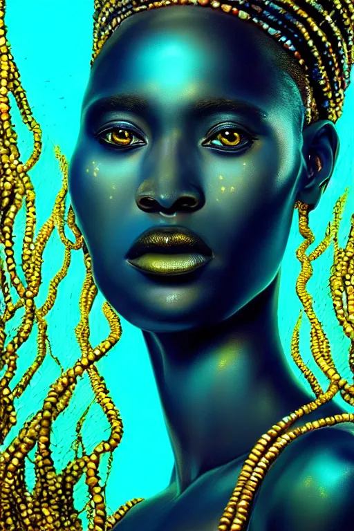 Image similar to hyperrealistic wide shot of very expressive! translucent!! african goddess, cinematic underwater scene with fish and algae, gold jewerly, highly detailed face, digital art masterpiece, eric zener cam de leon, dramatic pearlescent turquoise light on one side, low angle uhd 8 k, shallow depth of field