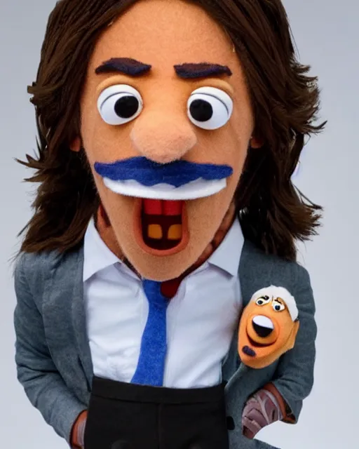 Image similar to pablo iglesias as a muppet. highly detailed felt. hyper real photo. 4 k.