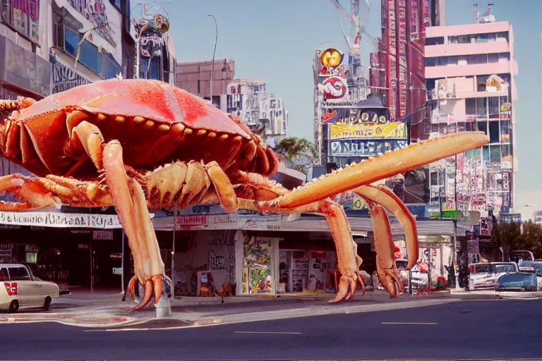 Image similar to 2 0 1 5 cute giant crab terrorizing a city, googie city, americana, fishcore, exterior photography, hd 8 k, photography cinestill