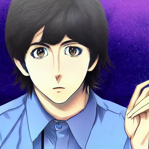 Prompt: anime illustration of young Paul McCartney from the Beatles, wearing a blue check shirt, long sideburns, ufotable