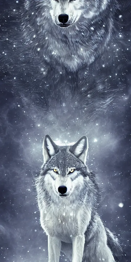 Image similar to close up portrait of a howling wolf in front of the full big moon, fantasy digital art, high definition, 8k, high details, high quality, golden and silver colors, glowing lights in the background