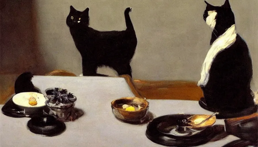 Prompt: painting by borremans, black cat on the table with black flowers, detailed, stunning