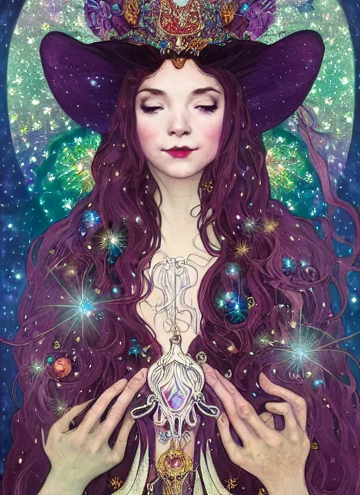 Image similar to fantastic portrait of a beautiftul witch with some shinny star, cloak, royally decorated crystal gemstones, symmetrical face, art nouveau, portrait, cute, fairy, by mai yoneyama, kelly mckernan, greg rutkowski, alphonse mucha, detailed background, artstation, intricate, elegant, highly detailed, colorful, maximalist