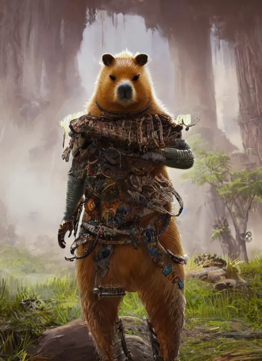 Image similar to detailed full body concept art illustration soft focus oil painting on canvas of an anthropomorphic capybara druid in full intricate clothing, biomutant, dystopian, micro detail, octane render, 4K