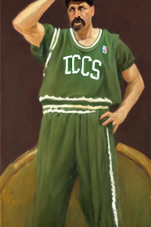 Image similar to full body portrait of the dictator of the boston celtics, 1 9 5 5, in full military garb, oil on canvas by william sidney mount, trending on artstation