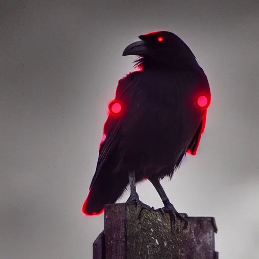 Prompt: ominous dark perched crow with glowing red lens eye (detailed realistic photograph) (gritty atmosphere)