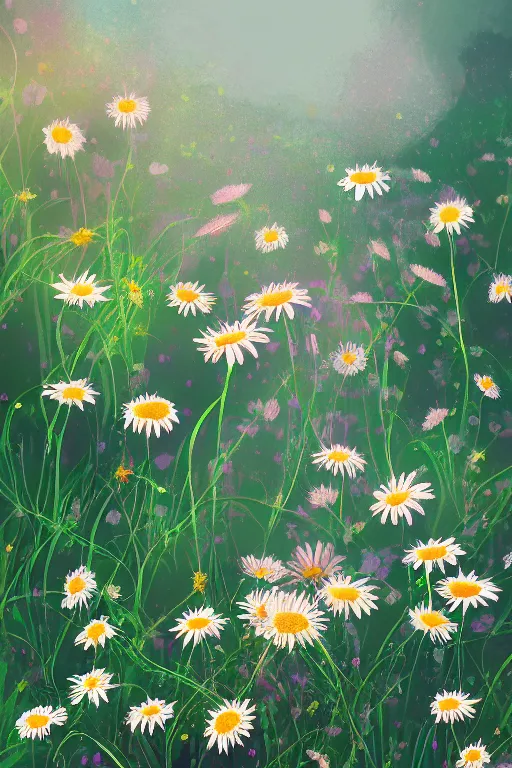 Image similar to beautiful digital matter cinematic painting of whimsical botanical illustration daisies and bokeh by greg rutkowki and alena aenami artstation