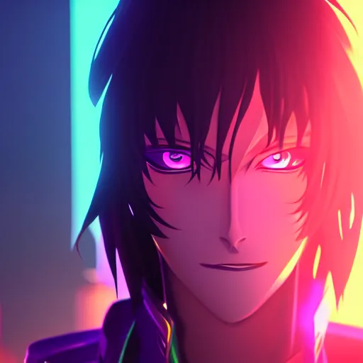 Image similar to Lelouch Lamperouge in a neon city, octane render 8k, atmospheric render, myserious man, professional render, volumetric light, redshift render, eccentric Lelouch vi Britannia, bokeh effect, detailed face