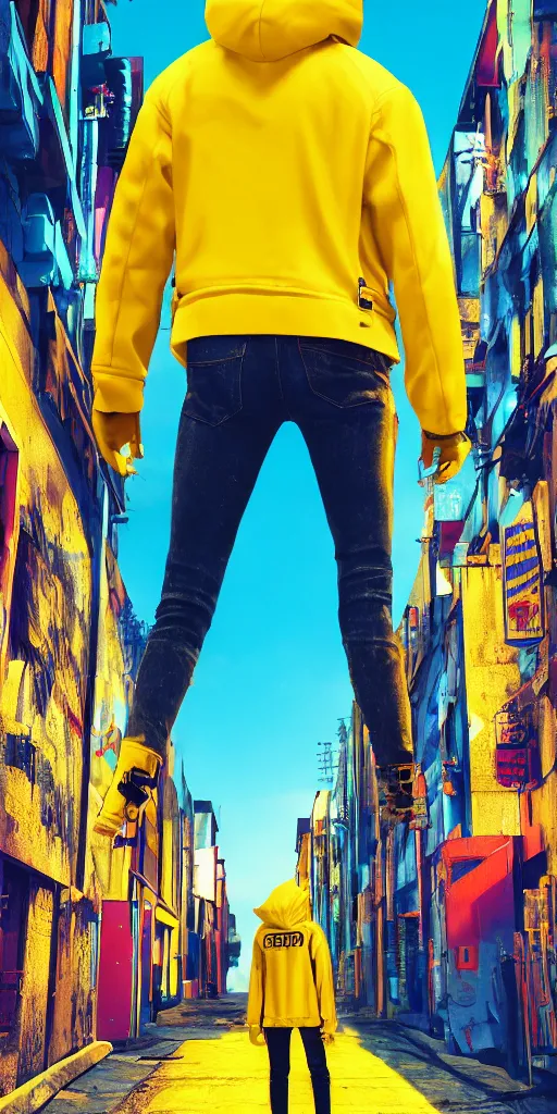 Prompt: person in a yellow jacket in a cyberpunk alley with under the blue sky, pop art, rtx, 8 k, ray tracing, highly detailed,