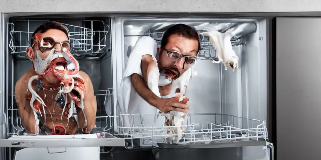 Prompt: a man constructed from the parts of a broken dishwasher. he is crouching inside a refrigerator and a squid is emerging from his gaping torn mouth