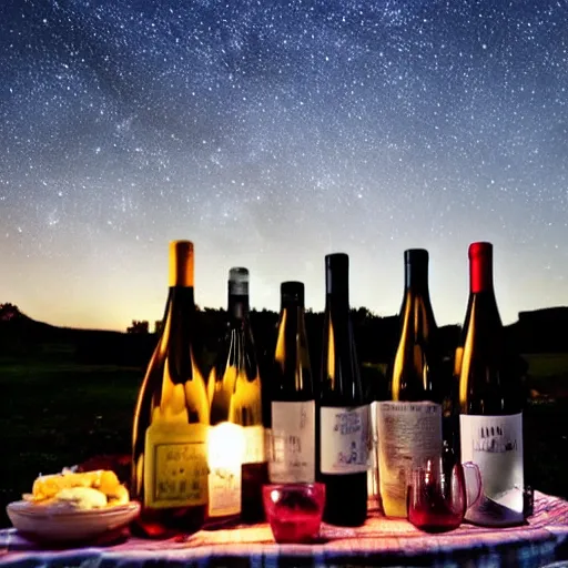 Prompt: romantic picnic with wine bottles under the stars