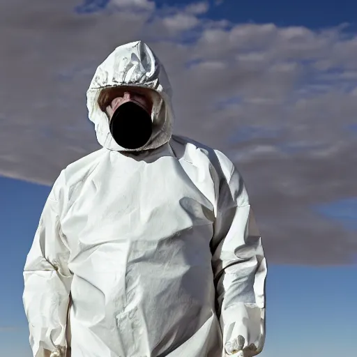 Prompt: A photo of Boris Johnson in a hazmat suit, Breaking Bad, New Mexico desert, cinematic lighting, RV