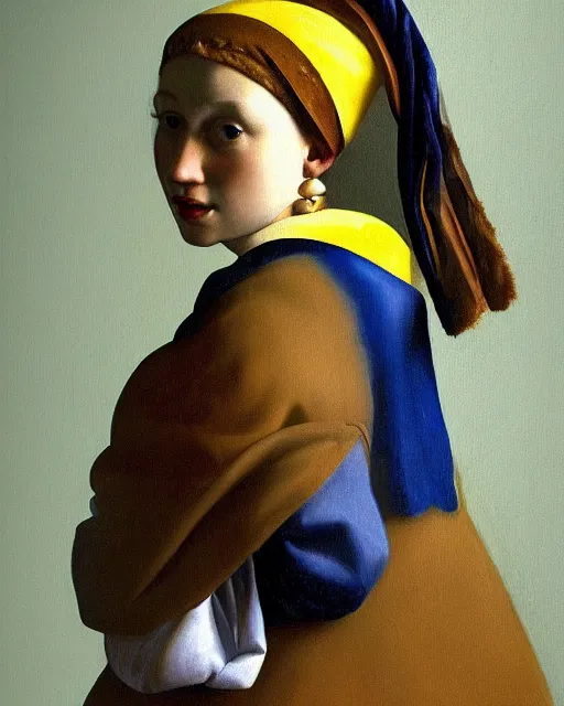 Image similar to vermeer digital realist painting of a beautiful modern girl wearing high fashion clothing