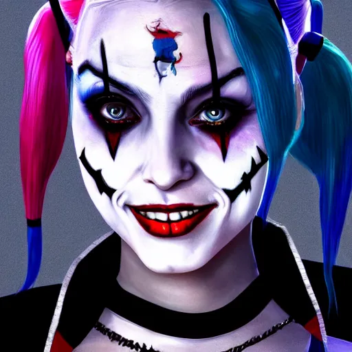 Image similar to Harley Quinn from the suicide squad, smiling, portrait, fantasy, medieval, beautiful face, vivid colrs, elegant, concept art, sharp focus, digital art, Hyper-realistic, 4K, Unreal Engine, Highly Detailed, HD, Dramatic Lighting by Brom, trending on Artstation