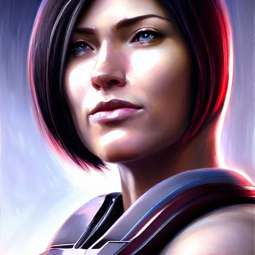 Prompt: portrait of a very beautiful BIPOC woman with a scar through her cheek, wearing femshep mass effect armor, Alexandria's genesis, chin-length hair, bored, illustration, soft lighting, soft details, hyper realism, high detailed, painting oil on canvas by mark arian by artgerm, trending on artstation, 4k, 8k, HD