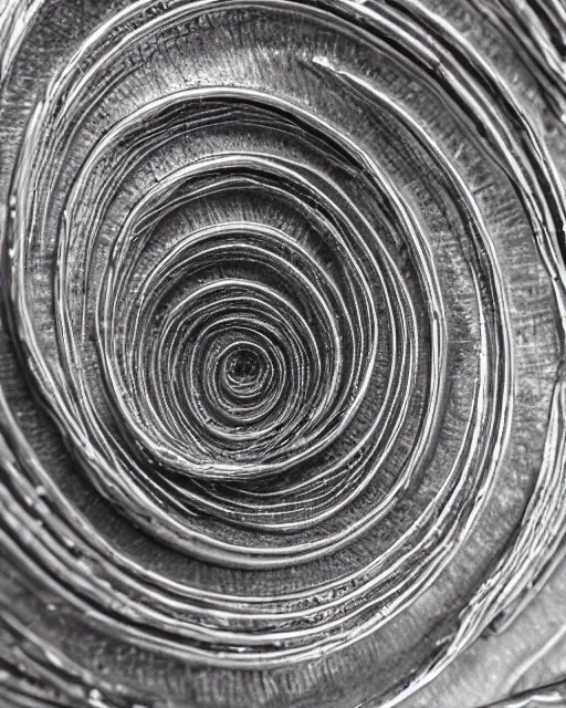 Image similar to studio shot of an intricate silver spiral statue, professional close up, textured silver, scratched metal, well lit professional photo, chromatic, HD photography, 4k