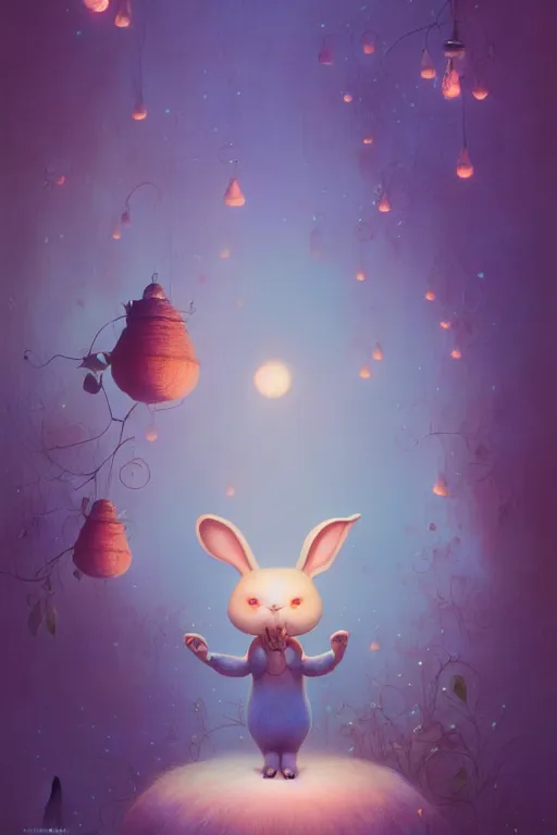 Prompt: a surreal Bioluminescent, very very very cute bunny in a happy world by Daniel Merriam, Trending on Artstation, oil on Canvas by Elena Zhurikhina and Goro Fujita and Charlie Bowater, octane render, 4k, 8k, HD