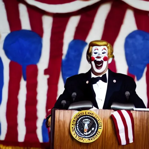 Prompt: photo of a president with clown face giving a speech in television