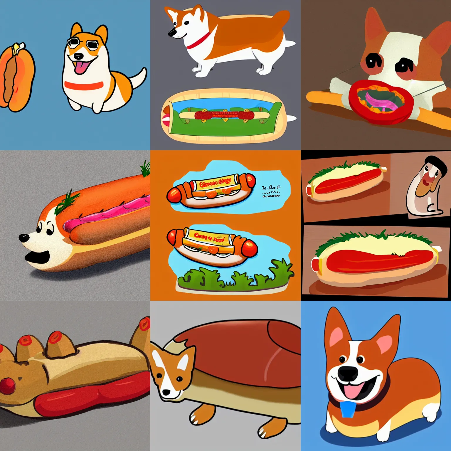 Prompt: corgi as an actual hotdog, cartoon, concept art