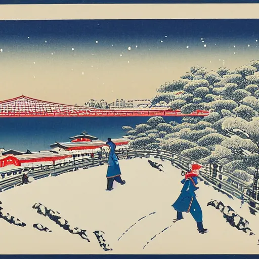 Prompt: enoden running in the snow near shonan kaigan koen station, ukiyoe, intricate,