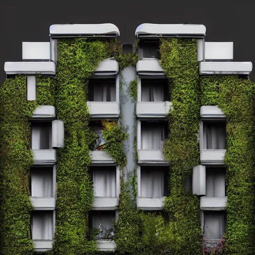 Image similar to “derelict architecture housing neighborhood , housing designed by architect Santiago Calatrava, architecture digest, the windows are covered in moss with growing vines, building surrounded in a luxury environment, dark tones, fluorescent lighting,volumetric Lighting, photorealism, high detail, golden ratio, cinematic, octane renderer”