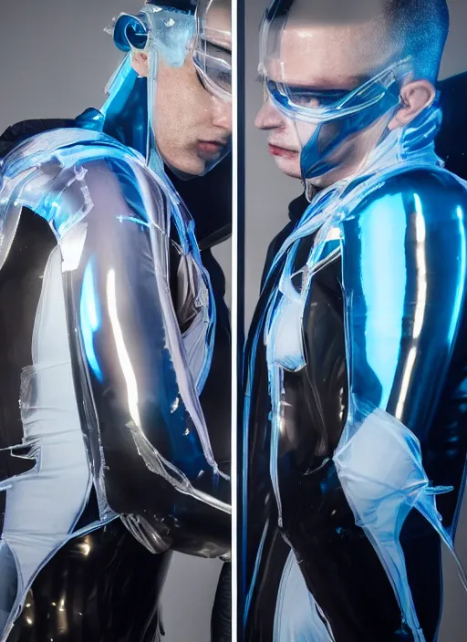 Image similar to a close-up of two cyberpunk model men with black eyes and visible faces wearing latex catsuit and lots of transparent and cellophane accessories, blue hour, twilight, cool, portrait, Kodachrome, ISO1200,