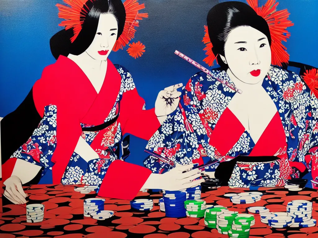 Image similar to hyperrealism composition of the detailed woman in a japanese kimono sitting at a poker table with darth vader, fireworks, waves in the ocean with mountains in the background, pop - art style, jacky tsai style, andy warhol style, acrylic on canvas