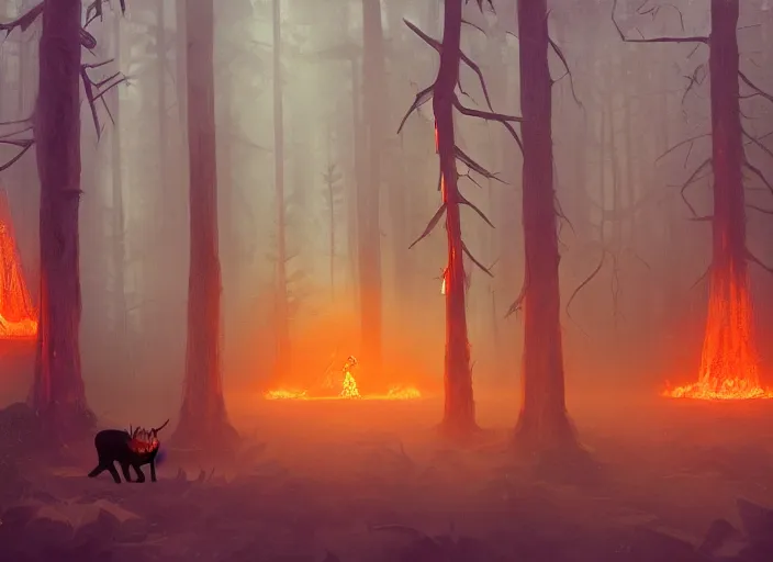 Image similar to a few orange safety cones in a beautiful strange forest, a black hairy fuzzy yakka mahasohna devil beast in a mask stands in the center distance, cinematic painting by james jean, atomspheric lighting, moody lighting, dappled light, detailed, digital art, limited color palette, wes anderson, artstation, 2 4 mm lens, surreal