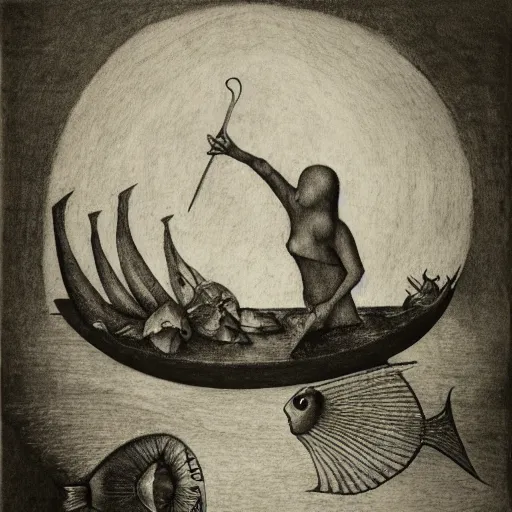 Prompt: little fish, big fish, swimming in the water come back here, man, gimme my daughter, ink drawing of by hieronymus bosch hyper realistic, dark fantasy detailed, high definition insanely detailed, bitter super - resolution microscopy dark lighting, x - ray black and white