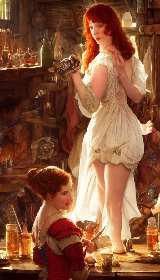 Image similar to young christina hendricks in a tavern, energetic, laughing, fit, warhammer, lord of the rings, sweaty, strong, intricate, highly detailed, digital painting, artstation, concept art, smooth, sharp focus, illustration, unreal engine 5, 8 k, art by artgerm and greg rutkowski and alphonse mucha
